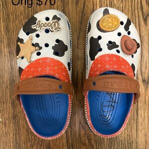 CROCS Kids' White and Black Sandals with Red and Brown Accents